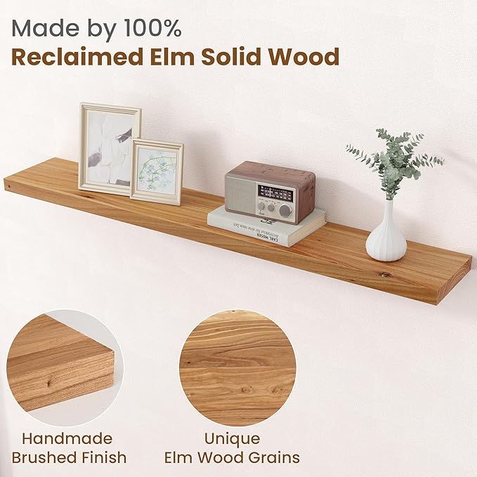 Floating Shelves for Wall Decor, 8" Deep Rustic Solid Elm Wood Floating Shelves Wall Mounted, Wall Shelves with Invisible Bra