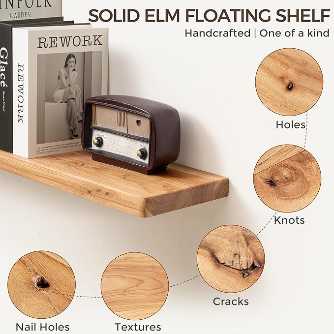 Fun Memories 48 Inch Floating Shelves for Wall, Solid Elm Wood Wall Shelf for Home Decor, Heavy-Duty Hardwood Floating Shelf 