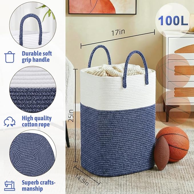 Laundry Basket,Woven Cotton Rope Laundry Hamper,Versatile Storage for Dirty Clothes,Baby Toys,and Blankets in Bathroom, Nurse