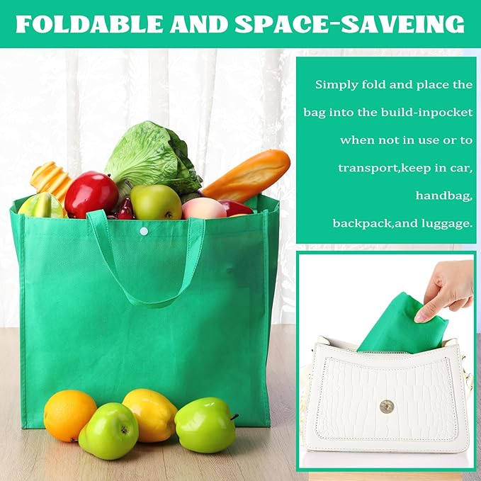 Zhehao 60 Pcs Reusable Grocery Bags Bulk Large Foldable Shopping Tote Bags Non Woven with Handle and Plastic Button