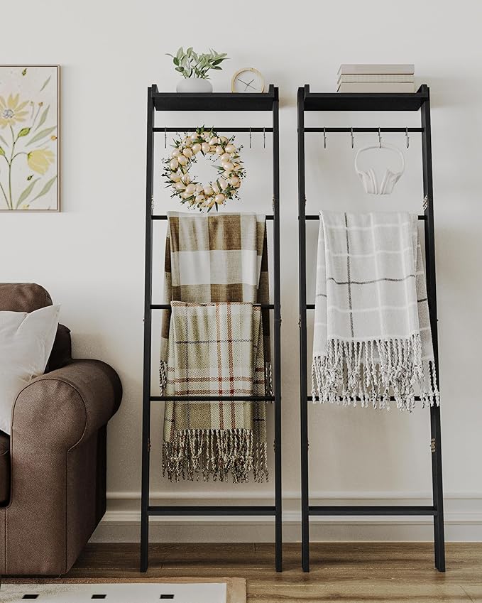 Hzuaneri Blanket Ladder Shelf, Decorative Quilt Rack, 6-Tier Farmhouse Ladder Holder Organizer with 4 Removable Hooks 7.9" D 