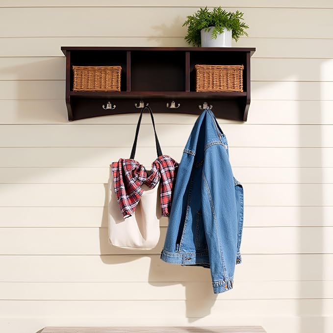 Shaker Cottage Wall-Mounted Coat Rack with 3 Storage Cubbies and 4 Hooks – Space-Saving Storage Rack and Wall Shelf Organizer