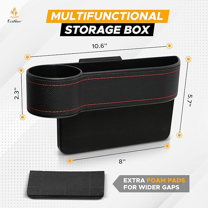 EcoNour Car Seat Gap Filler with Cup Holder (25.4 x 15.2 cm) | Auto Console Organizer in Between Front Seats for Holding Phone, Drink and Cards | Travel Accessories with 2 Headrest Hooks