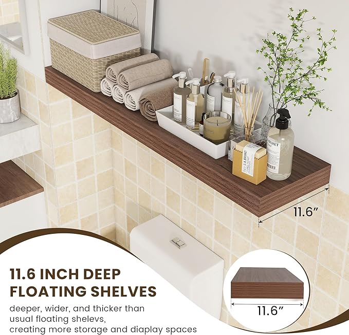 48 Inch Walnut Floating Shelf | 12 Inch Deep Floating Shelves Set of 1 | 48" D x 12" D Rustic Wood Shelves for Wall | Deep Wa