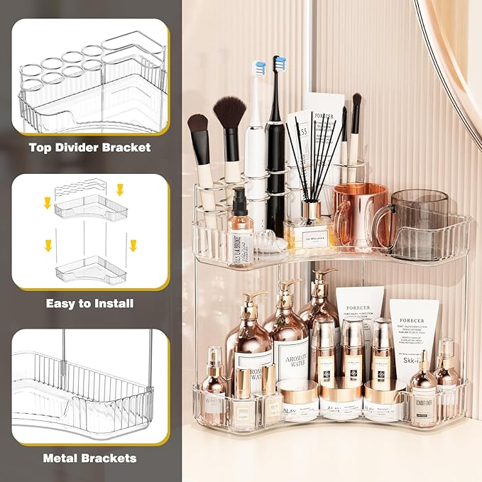 Asayuee 2-Tier Corner Bathroom Counter Organizer with Top Toothbrush Holders,Large Makeup Organizer Countertop with Brush Hol