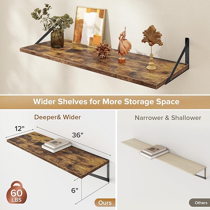Deep Floating Shelves Wall Mounted, 36"x12" Brown Wood Shelves with Brackets Set of 2 for Bedroom, Living Room, Bathroom, Kit
