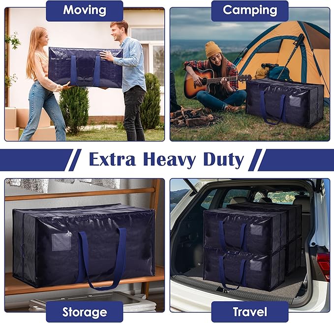 6 Pack Moving Bags with Full-Open Side Zipper, Extra Large 93L Heavy Duty Waterproof Foldable Storage Totes for College Dorm,