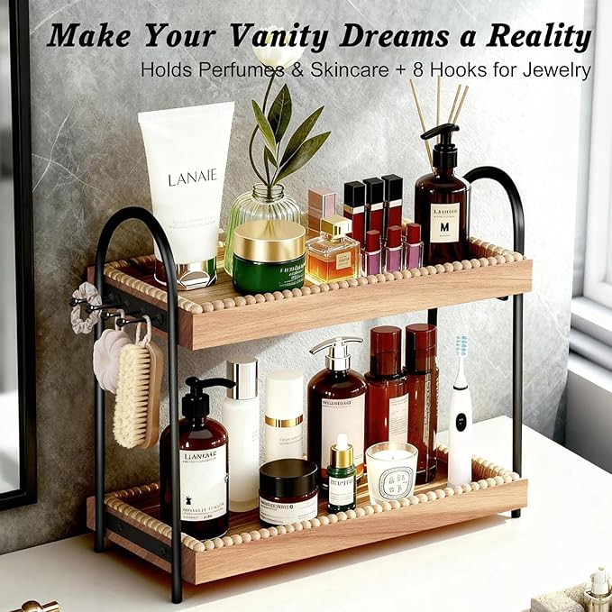 2-Tier Perfume & Makeup Organizer with 8 Jewelry Hooks, Eco-Coated Paulownia Wood Vanity Tray for Bathroom, Coffee Bar & Dres