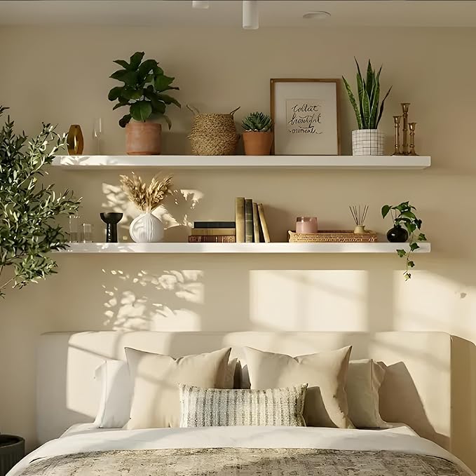 IEO Long Wooden Floating Shelves for Room Wall, Natural Wood Floating Shelves Wall Mounted Kitchen Shelf for Living Room, Bed