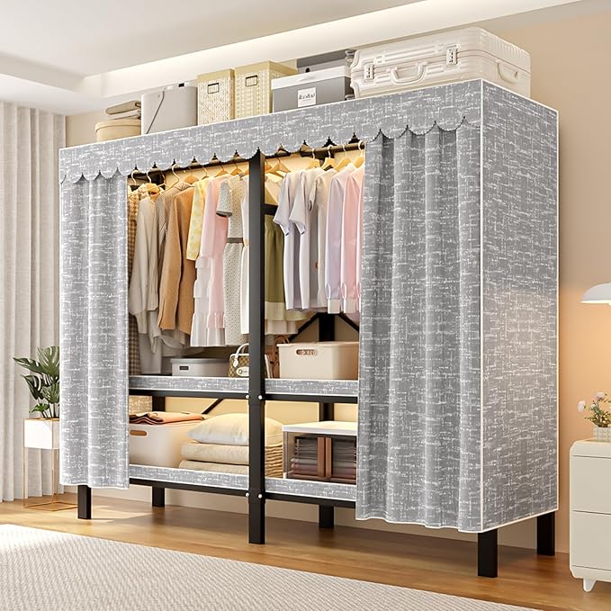 FPIGSHS 66.1in Heavy Duty Clothes Rack with Cover Foldable Covered Clothes Rack for Hanging Clothes portable Wardrobe Closet 