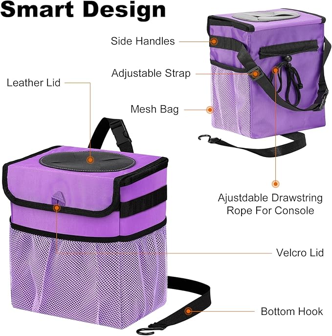 Car Trash Can Foldable Garbage Bin Leakproof 2.3 Gallons Car Trash Bag Purple