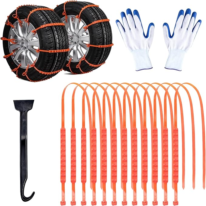 12 PCS Adjustable Anti-Slip，Reusable Snow Chains Fit for Most Car，SUV，Pickup Trucks Car for Snow Ice Sand Mud Road Mountain R