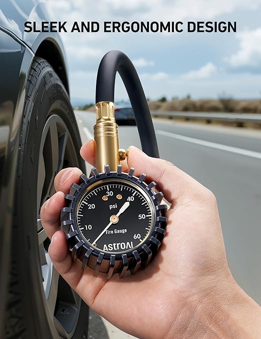 AstroAI Tire Pressure Gauge for Cars with Large 2" Dial, Solid Brass with Rubber Hose, Air Bleeder Valve, ANSI B40.1, 0-60PSI