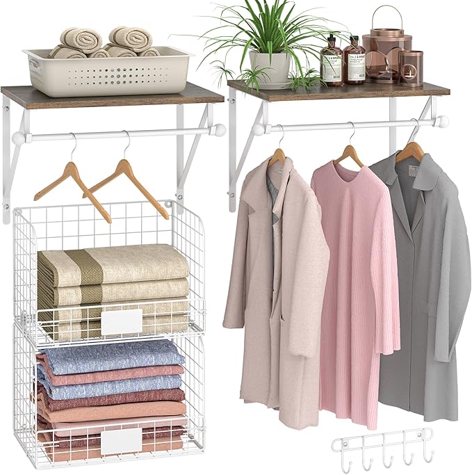 DAOUTIME 2 Set Laundry Room Wall Mounted Shelves With Wire Storage Baskets, Over Washer and Dryer With Hanging Rods and Hooks