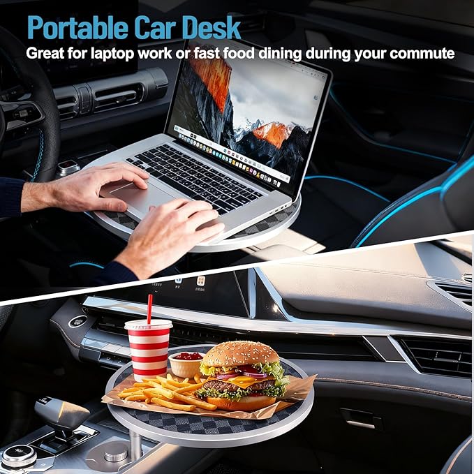 Car Tray Table & Car Desk for Laptop with 2 Risers and Anti-Slip Pad, 360° Rotating Cup Holder for Working and Eating Compatible with Tesla Model 3/Y/S, Ford F150/Explorer/Maverick & Most Vehicles/EV