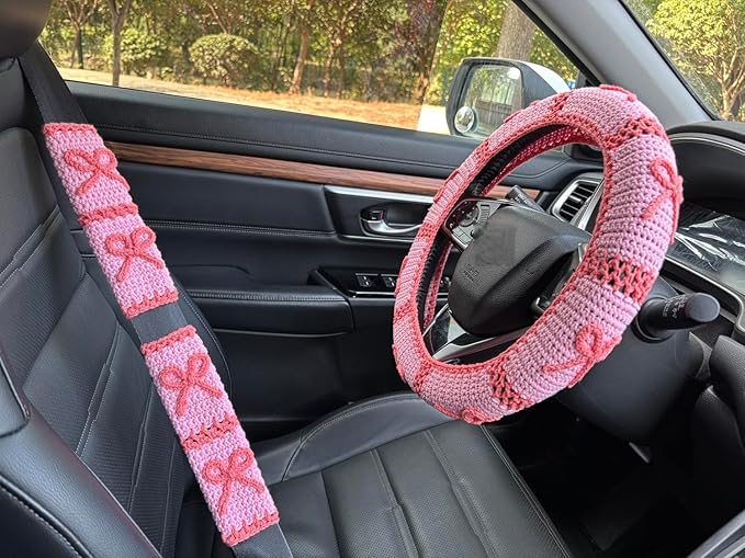 Handmade Crochet Pink Bow Car Steering Wheel Covers Universal 14-15 inch,Cute Steering Wheel Cover,Car Accessories (A,Steering Wheel Cover+2 Belt Cover)