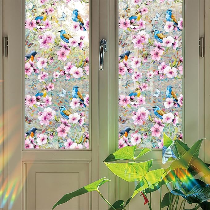 Niviy Bird Stained Glass Spring Summer Window Clings, Flowers Decor Bird Window Strike Prevention, Static Cling Stickers, Windows Tint for Home Bathroom (16.93 x 39.37inch)