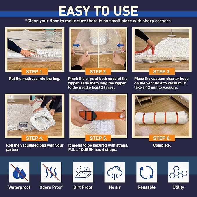 Mattress Vacuum Storage Bag for Memory Foam, Latex and Hybrid Mattress, Easy Moving and Storage (Full/Queen Size)