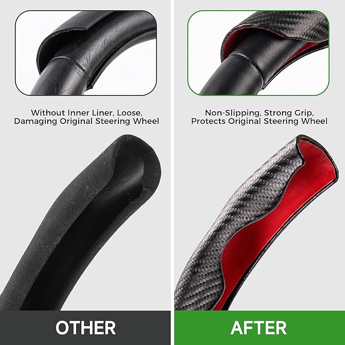 West Llama Carbon Fiber Steering Wheel Covers,3 Piece Car Wheel Cover Universal Fit 99% Cars(Glossy Red)