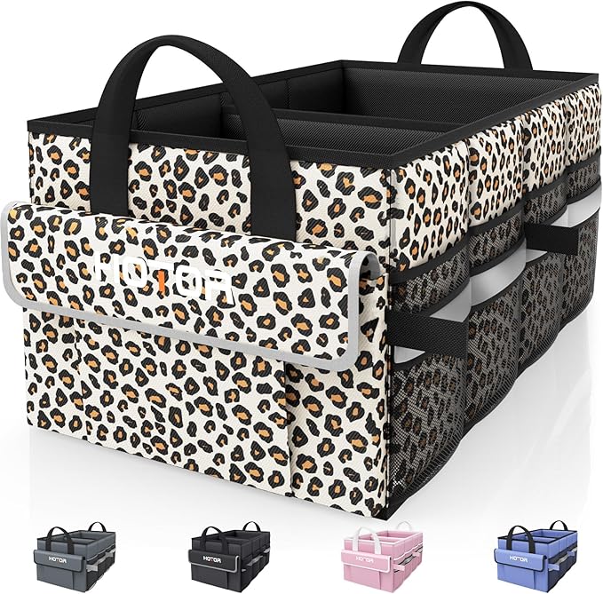 HOTOR Trunk Organizer - Car Organizer with 5 Pockets, Trunk Organizer for SUV & Sedan, Car Organization with Sturdy Base Panel for Car Accessories, Brown Leopard, 2 Compartments, 21.3"×12.6"×10.6"