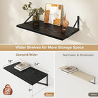 Deep Floating Shelves Wall Mounted, 24"x12" Black Wall Shelves with Brackets Set of 2 for Bedroom, Living Room, Bathroom, Kit