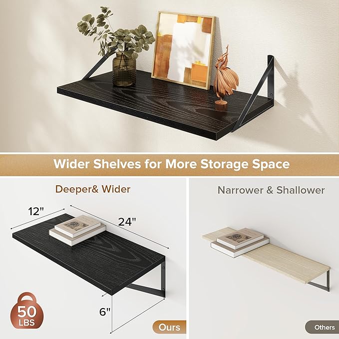 Deep Floating Shelves Wall Mounted, 24"x12" Black Wall Shelves with Brackets Set of 2 for Bedroom, Living Room, Bathroom, Kit