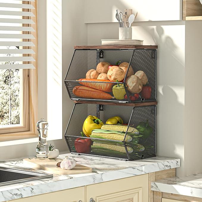 Litwaro Fruit Basket Wire Baskets with Wood Lid, Wall Mounted Produce Basket for Snack, Fruit and Vegetable Storage, Countert