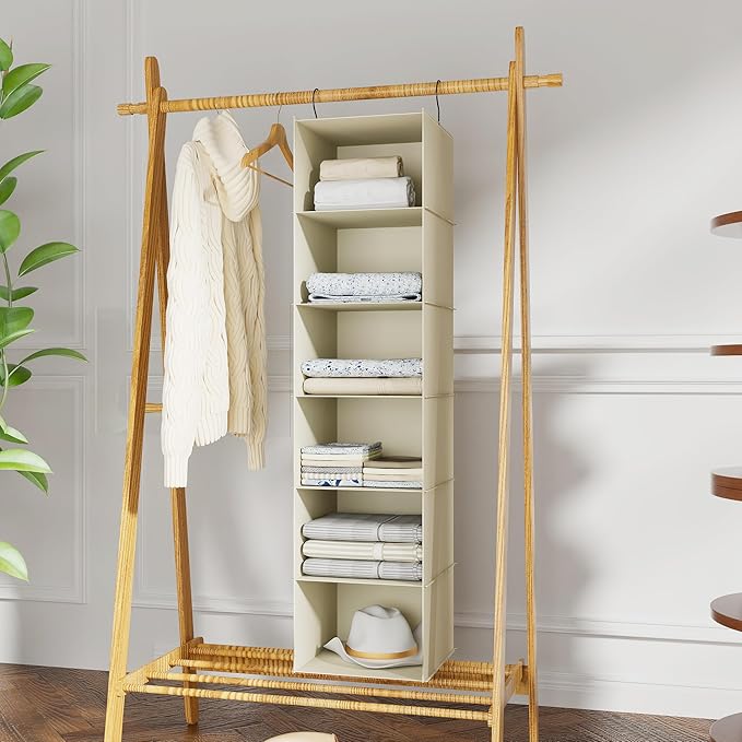 Hanging Closet Organizer, Easy Mount Foldable 6-Shelf Hanging Closet Wardrobe Storage Shelves, Clothes Handbag Shoes Accessor