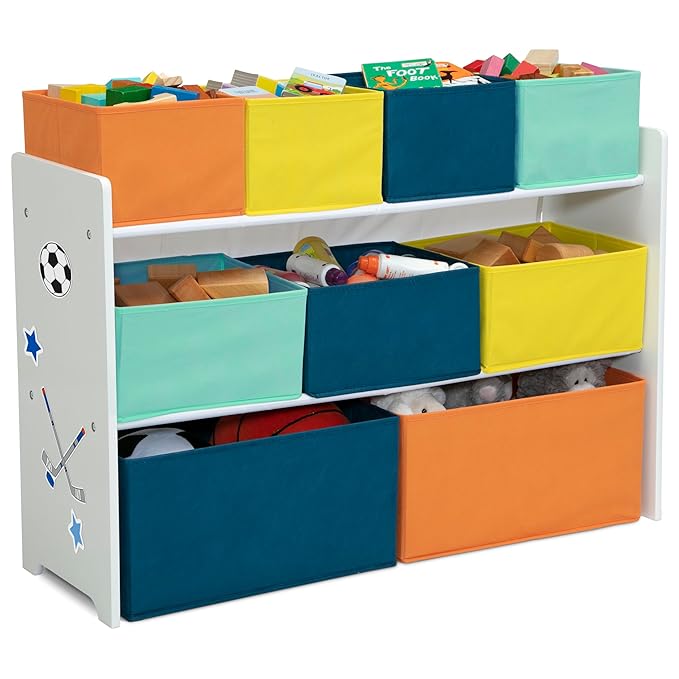 Delta Children Deluxe Multi-Bin Toy Organizer with Storage Bins - Greenguard Gold Certified, White with Navy/Green/Pastel Bin