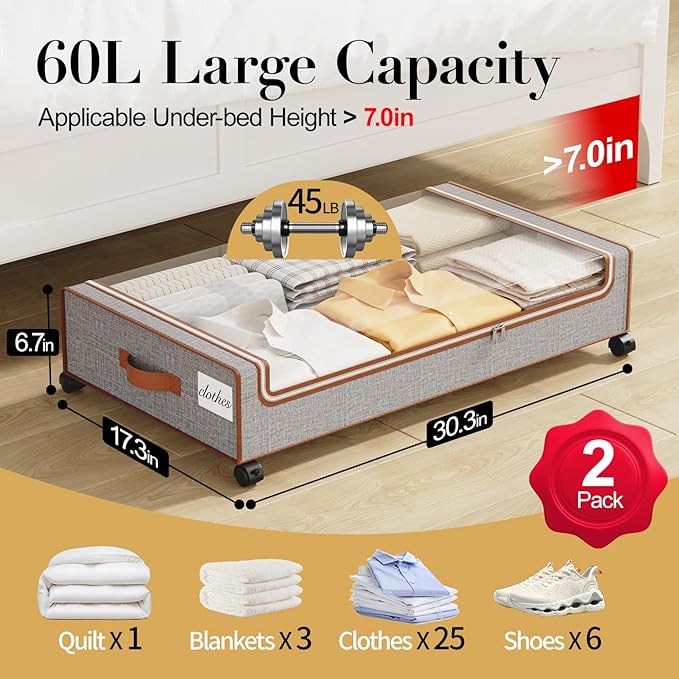Yecaye Beige Under Bed Storage and Grey Under Bed Storage with Wheels