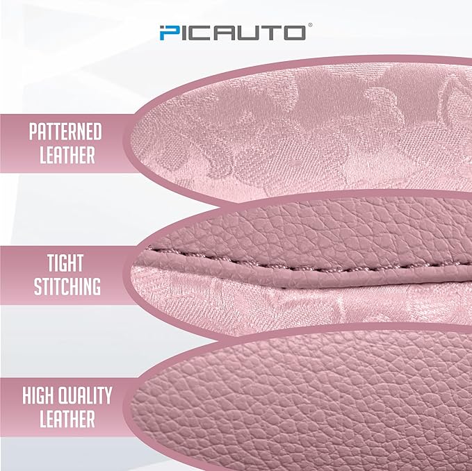 PIC AUTO Steering Wheel Cover, Pink Patterned Leather Patchwork Design, Universal Fit 14.5"–15.5", Anti-Slip, Odor-Free, Soft