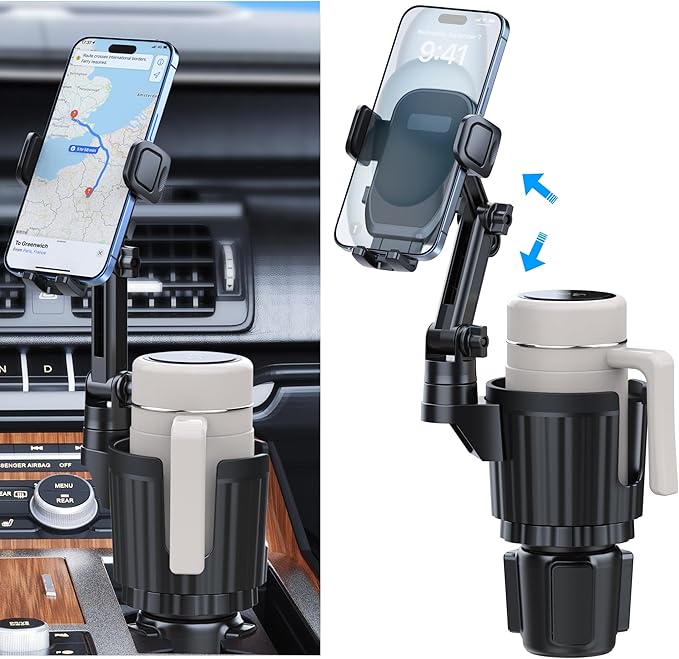 Cup Holder Phone Mount, 2 in 1 Universal Cup Holder Expander with Long Arm 360°Rotation Cup Phone Holder for Car Fits All 4-7