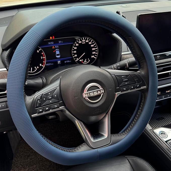 PINCTROT D Shaped Nappa Leather Steering Wheel Cover, Slim Fit No Bulk Design, One Piece Leather with Breathable Perforation,