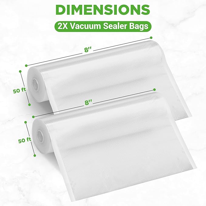 NutriChef Vacuum Sealer Bags 8x50 Rolls 2 pack Compatible with All Brands, Commercial Grade, Heavy Duty, Great for vac storag