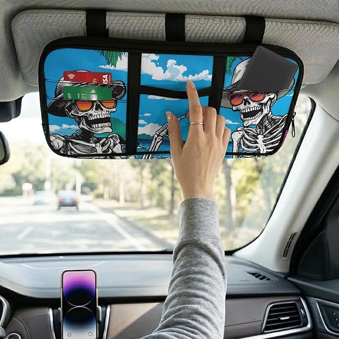 Attractions Sun Visor Organizer for Trucks,Vacation Skull Card Sleeve Pocket with Multi-Pocket Zipper, Auto Interior Accessories Pocket Organizer