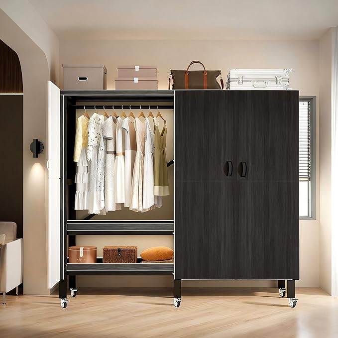 YTLEMON Heavy Duty Clothes Rack with Magnetic Door, Metal Foldable Covered Clothes Rack, Portable Wardroobe Closet System for