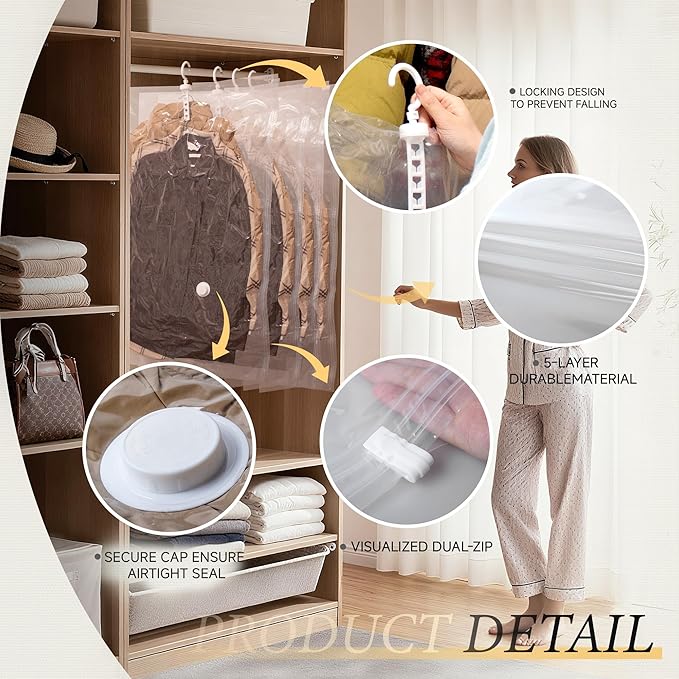 Hanging Vacuum Storage Bags,Hanging Vacuum Sealer Storage Space Saver Bags for Clothes, Suits, Coats, Dresses or Jackets, Reu