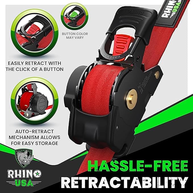 Rhino USA Retractable Ratchet Straps (2-Pack) - 1 Inch x 10 Feet (1,209lb Break Strength) - Auto Self Retracting Tie Down Straps for Truck, Cargo Trailer, Motorcycle, ATV, UTV - Red