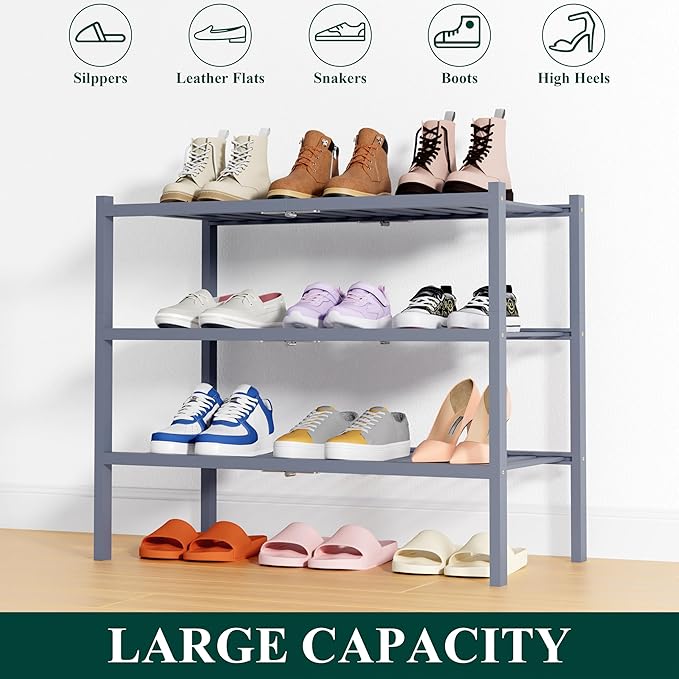 Smiry Shoe Rack, 3 Tier Thick Bamboo Shoe Organizer, Stackable Free Standing Wooden Shoe Storage Shelf for Closet, Entryway, 
