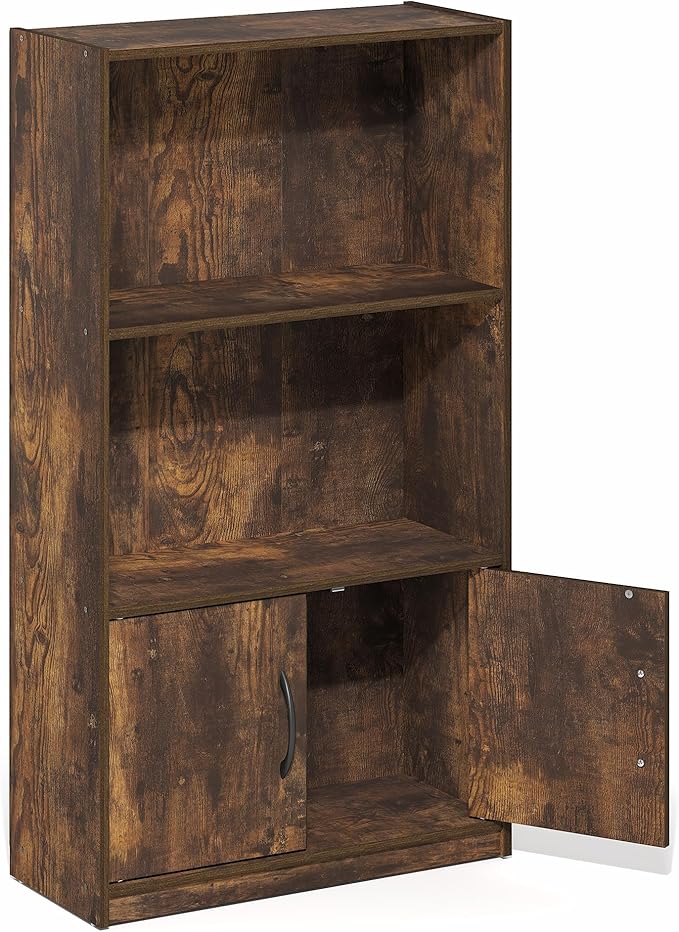 Furinno Gruen Book Shelf, 3-Tier Bookshelf, Bookcase with Open Shelf and Doors Storage Cabinet, 9.3 x 21.8 x 39.5, for Organi