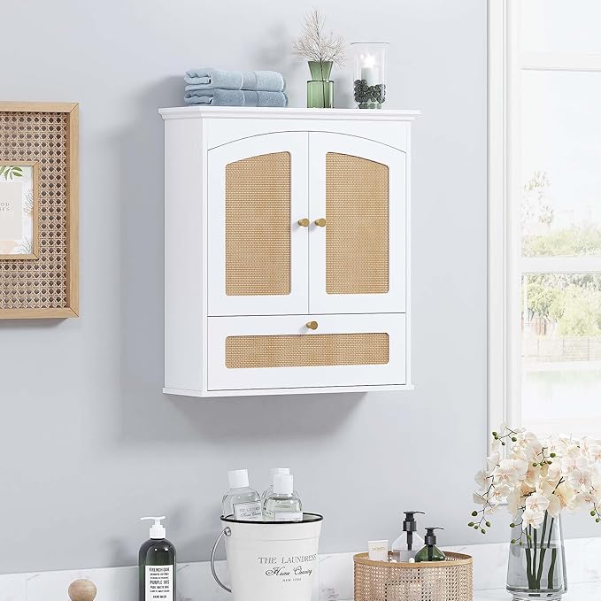 Spirich Bathroom Cabinet Wall Mount, Boho Medicine Cabinet for Bathroom, Over The Toilet Storage Cabinet with Rattan Doors an