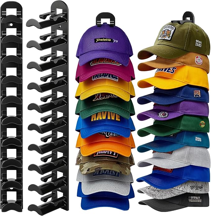 2 Pack Hat Organizer for Baseball Caps, Hat Rack for Wall Hold Up to 20 Hats, Hat Holder with Strong Adhesive and Screws, Hat