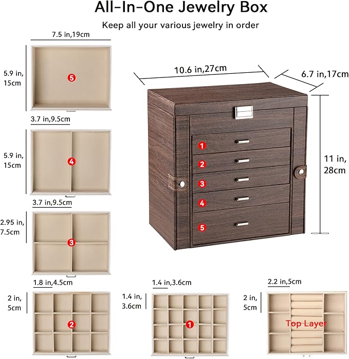 Frebeauty Large Jewelry Box,6-Tier PU Leather Jewelry Organizer,Multi-functional Storage Case with Mirror,Accessories Holder 