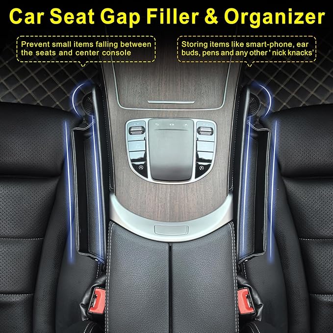 2 Pack Car Seat Gap Filler Organizer for SUV Truck Universal PU Leather Storage Box with Seats Belt Holder Automotive Consoles Side Gaps Small Things Catcher Auto Essentials Accessories for Women Men