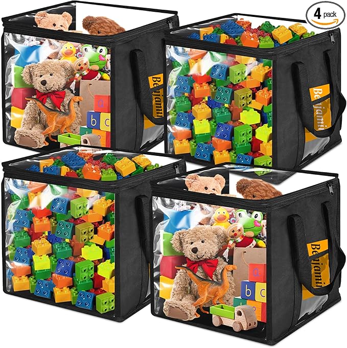 4 Pack Clear Toy Storage Bin with Lids - 12" x 12" Storage Cube Bin Foldable PVC Boxes with Handles, Storage Organizers for T