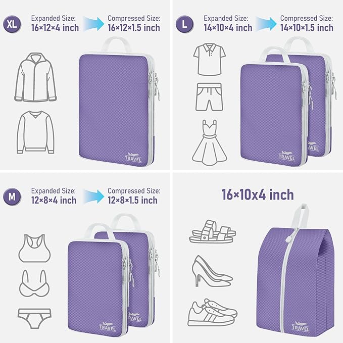 6 Set Compression Packing Cubes, Suitcase Organizer, Lightweight Travel Essentials, Compression Bags For Travel Accessories L