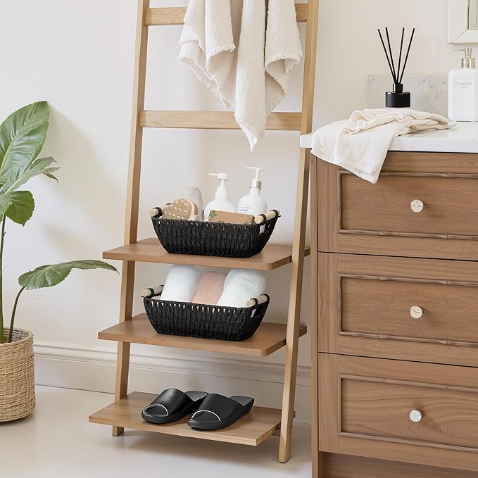 StorageWorks Black Wicker Storage Basket for Organizing with Wooden Handles, Small Woven Basket for Shelf, Toilet Paper, 2-Pa