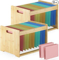 Hanging File Organizer Box for Letter Size, 2 Pack Bamboo File Folder Organizer, Storage Moving Boxes with Handle Wood Desk F