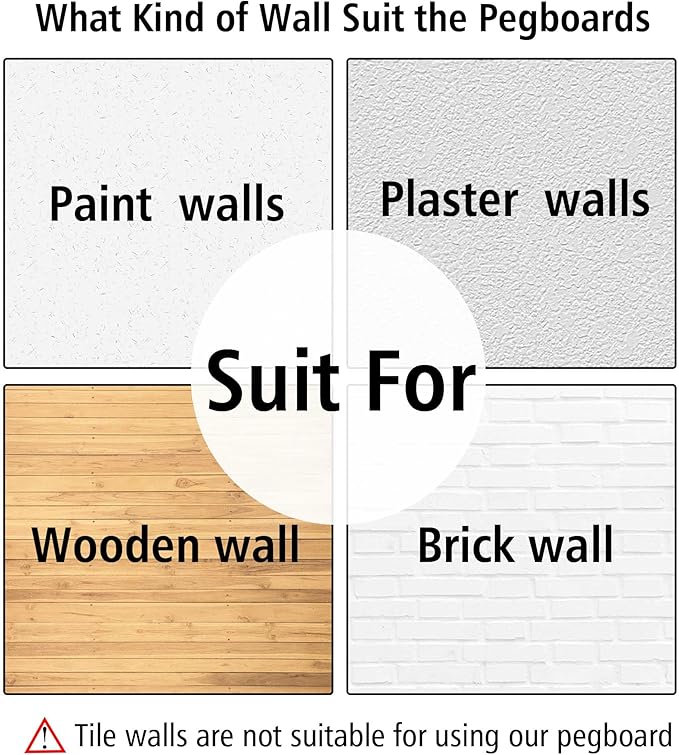 Peg Board Wall Organizer Panels - 6Pcs Black ABS Pegboard Wall Mount for Home, Craft Room, Garage, Kitchen, Workshop, Tool Or