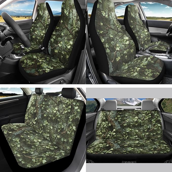 Green Camo Hunting 13 Piece Car Seat Cover Set with Steering Wheel Cover Seatbelt Strap Pad Armrest Pad Cup Coasters Key Chain Automobile Interior Sets Fit for Van Truck SUV Sedan